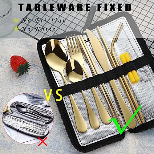 VANDBAO Camping Utensils Set, Portable Travel Utensils with Case for Fixing Tableware, Reusable Stainless Steel Stable Cutlery Set, Lunch Picnic Flatware Silverware (Gold Set) - Image 2