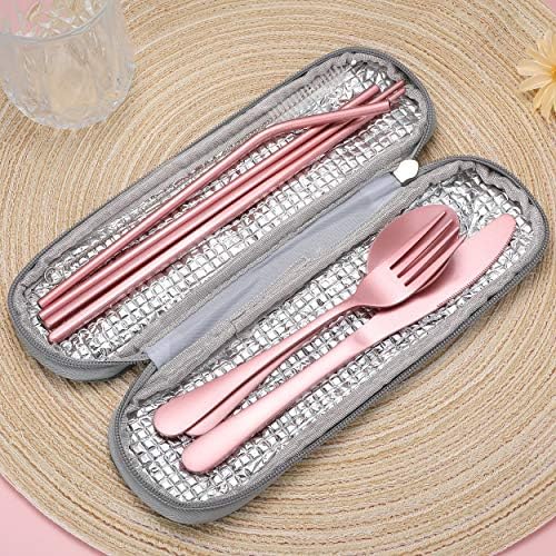 Portable Stainless Steel Flatware Set, Travel Camping Cutlery Set, Portable Utensil Travel Silverware Dinnerware Set with a Waterproof Case (Pink) - Image 3