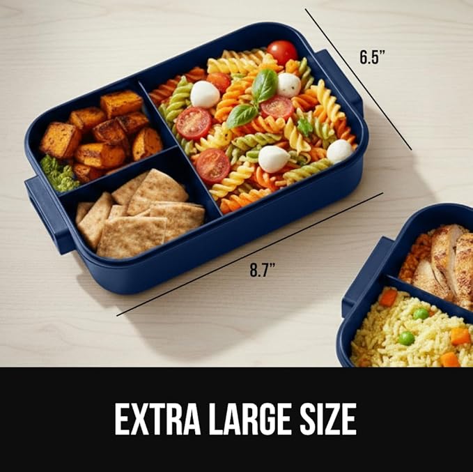 GORILLA GRIP BPA-Free Leakproof 5-Compartment Bento Lunch Box for Adults, Kids, Holds 10 Cups, Microwave Safe Hot and Cold Food Containers, Easy to Carry Lid Includes Built-In Utensils Set, Navy
