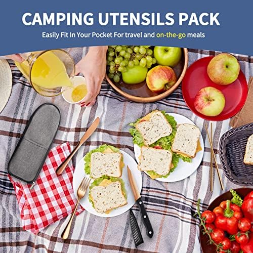 Logcow Travel Utensils Set with Case, 10-Piece Reusable Stainless Steel Camping Cutlery, Portable Fork Spoon Knife Chopsticks & Straw for Work, Lunch, Picnic (Rose Gold) - Image 3