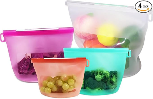 Reusable Silicone Food Storage Bags 4-Pack with 1 Sandwich, 1 Lunch, 1 Half-Gallon and 1 Gallon, Multi-Use & Sous Vide Stand-Up Container for Soup and Leftovers, Microwave, Dishwasher and Freezer Safe