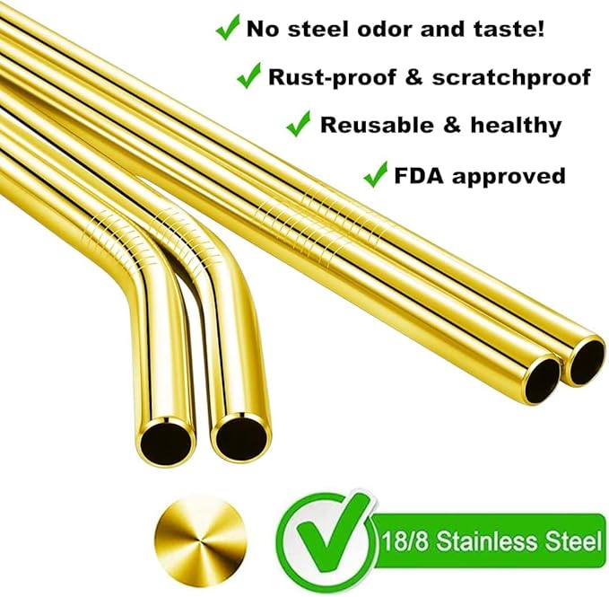 Vinaco 8.5" and 10.5" Big Smoothie Straws & Milkshake Straws, 6 Pack Food-grade Stainless Steel Straws 0.4" Wide Mouth Straw for Smoothie, Milkshakes, Thick Drinks, Gold Metal Straws Reusable