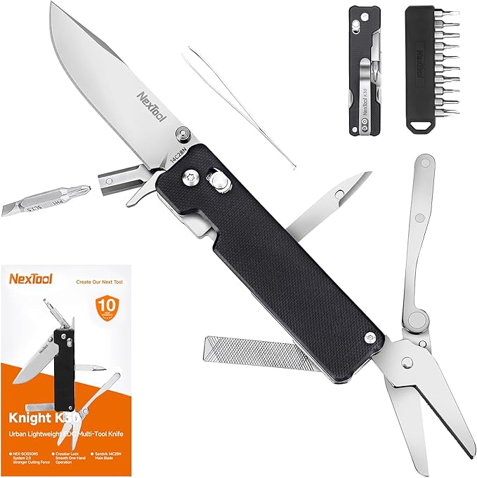 NexTool Knight K30 Multitool,11-in-1 Pocket Knife Multi tool with Axis Lock,Serrated Scissors,Tweezers,Awl,4mm 10-in-1 Bit Set for DIY、Repairs、Gifts