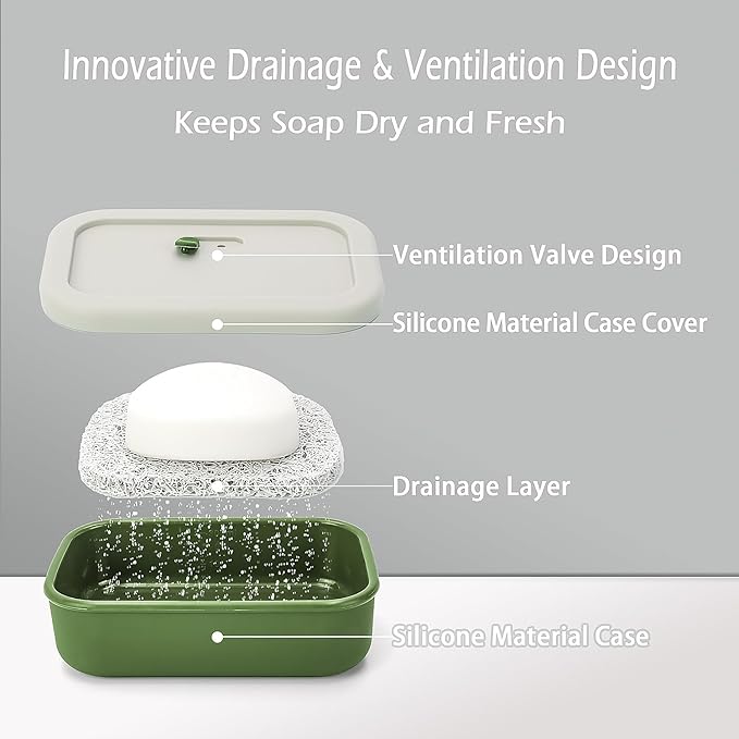 Silicone Enhanced Leak Proof Travel Soap Case, Vented Shampoo Bar Holder, Large Bar Soap Box with Lid Portable Soap Dish with Draining Layer (Offwhite& Green)