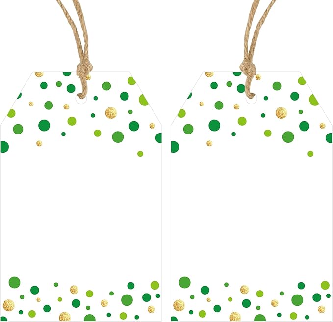 Anwyll Gift Tags with String - 100Pcs Green Gold Confetti Polka Dot Gift Bag Tags Personalized White Blank Hang Paper Label Tag for Birthday Party Bridal Shower Wedding St. Patrick's Day Favor Present