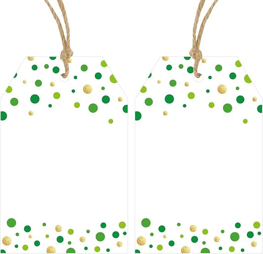 Anwyll Gift Tags with String - 100Pcs Green Gold Confetti Polka Dot Gift Bag Tags Personalized White Blank Hang Paper Label Tag for Birthday Party Bridal Shower Wedding St. Patrick's Day Favor Present