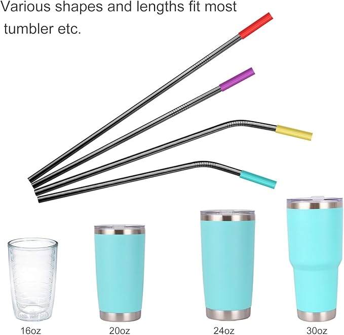 20 Pcs Black Reusable Stainless Steel Straws,10.5" & 8.5" Reusable Drinking Straws with 20 Silicone Tips 5 Straw Brushes 1 Travel Case,Eco Friendly Extra Long Metal Straw for 20 24 30 oz Tumbler