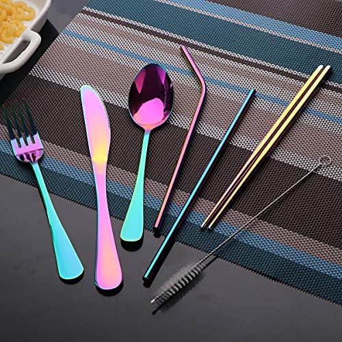 Travel Utensils Set with Case Reusable Portable Cutlery Set Stainless Steel 8pcs Including Dinner Knife Fork Spoon Chopsticks Straws(Rainbow) - Image 2
