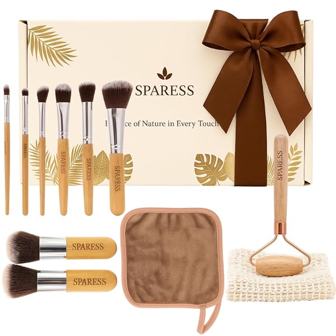 Eco Friendly Unique Natural Gift Beauty Set – Bamboo Makeup Brushes, Vegan Bamboo Roller & Soft Face Towel – Organic Self-Care Box for Women & Teens, Perfect Birthday , Holiday Present”