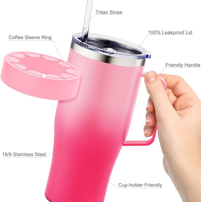 Universal Iced Coffee Sleeve with Handle - Insulated Double Wall Reusable Stainless Steel Holder Insulator for Cold Drinks Fits Small Medium Large To Go Cups Gifts for Men Women Him Her (Sakura)