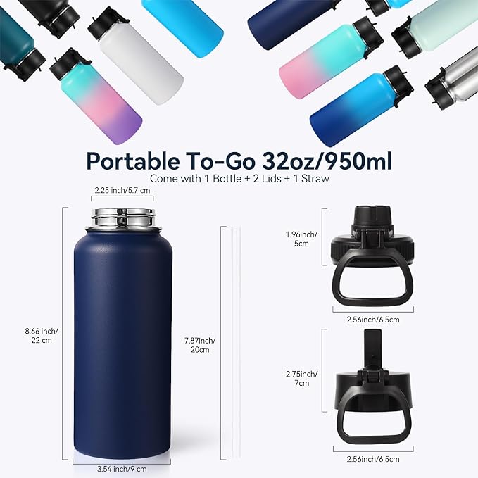 Neihepal 32 oz Insulated Water Bottles with 2 Lids (Straw & Spout Lid), 18/8 Stainless Steel Double Wall Water Bottle for Gym, Travel, Camping, Sports (Navy,2 Pack)