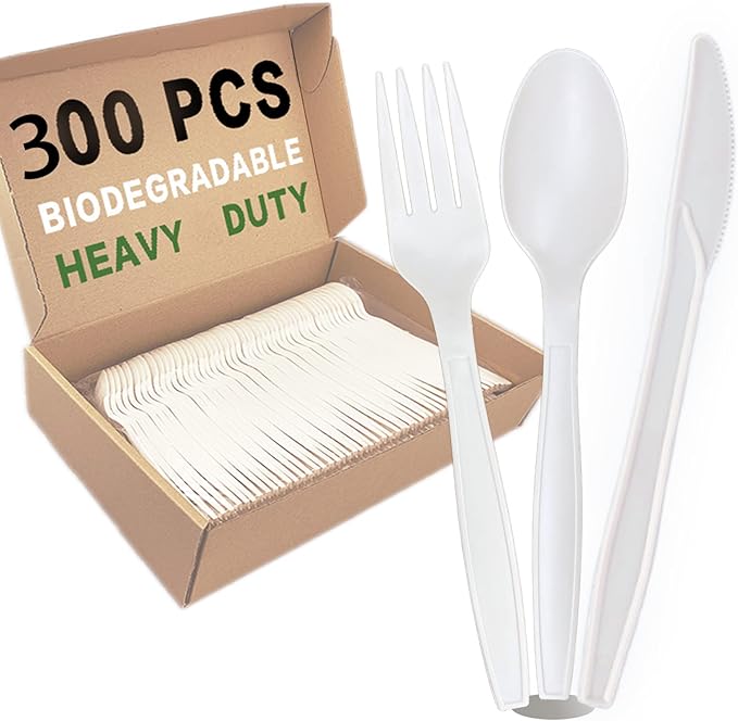 300pcs 100% Compostable Biodegradable Utensils Disposable Cutlery Set Cornstarch Spoon Fork Knife Alternative to Plastic (Fork 100, Spoon 100, Knife 100)