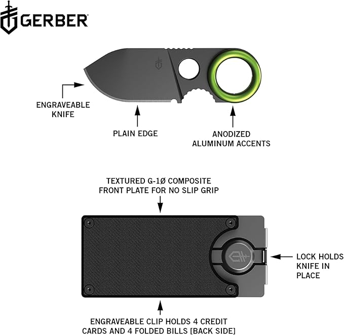 Gerber Gear GDC Money Clip with Small Pocket Knife, Stainless Steel Fixed Blade Knife and Case, Gifts for Men, EDC Gear for Camping and Hiking