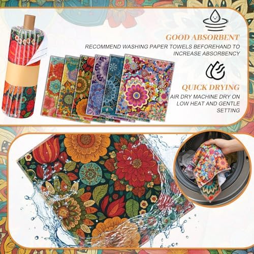 Redbaker 60 Pcs 18 Pcs Reusable Paper Towel for Kitchen,Boho Floral Style - Image 5