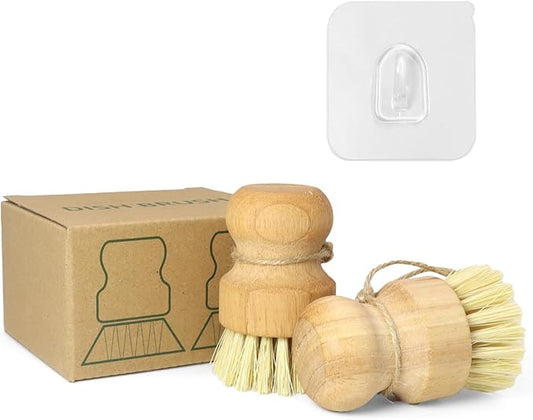 Bamboo Dish Brush,2PCS Wood Dishes Scrub Brush,Kitchen Dish Brush Natural Sisal Bristles with Hook for Cleaning Dishes,Sink, Cast Lron Pan/Pot