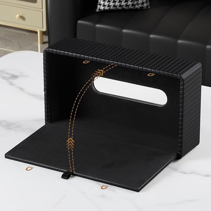 PU Leather Short Tissue Box Cover Rectangle, Small Tissue Box Holder with Magnetic Closure, Decorative Rectangular Tissue Holder for Bathroom Car Office (Black)