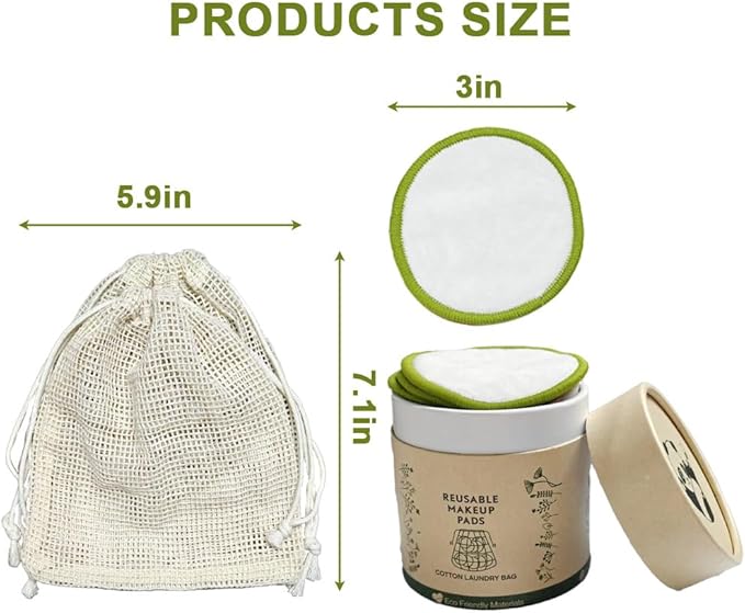 30 Pack Reusable Makeup Remover Pads with Laundry Bag and Round Box, Eco-Friendly and Suitable for All Skin Types, Washable Bamboo Reusable Cotton Rounds for Face Green
