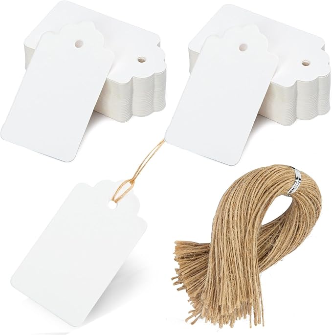 SallyFashion 100pcs Gift Tags with String Attached, 1.7 x 2.8 inch Kraft Paper Hang Tags for Clothes DIY Crafts Wedding Holiday (White)