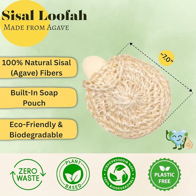 Natural Loofah Body Scrubber – Exfoliating Loofah Sponge, Handwoven Sisal Agave with Soap Pouch, Eco-Friendly Arabic - Turkish Bath Washcloth for Women & Men (2-Pack)
