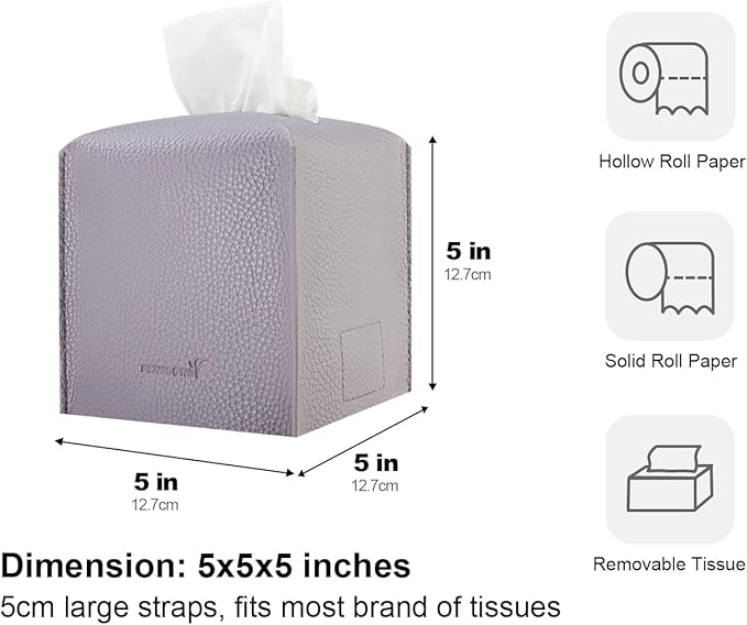 Tissue Box Cover 5X5X5'' PU Leather Tissue Holder Square Tissue Cube Box Organizer for Bathroom Vanity Countertop, Car, Night Stands, Office, Home, Kitchen (1Pack, Light Bray Purple)