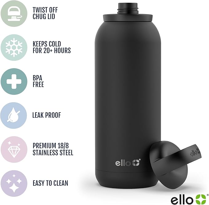Ello Cooper Twist 40oz Stainless Steel Water Bottle with Chug Lid | Leak Proof | Double Walled and Vacuum Insulated | Built in Carry Loop | Dishwasher Safe | Lilac