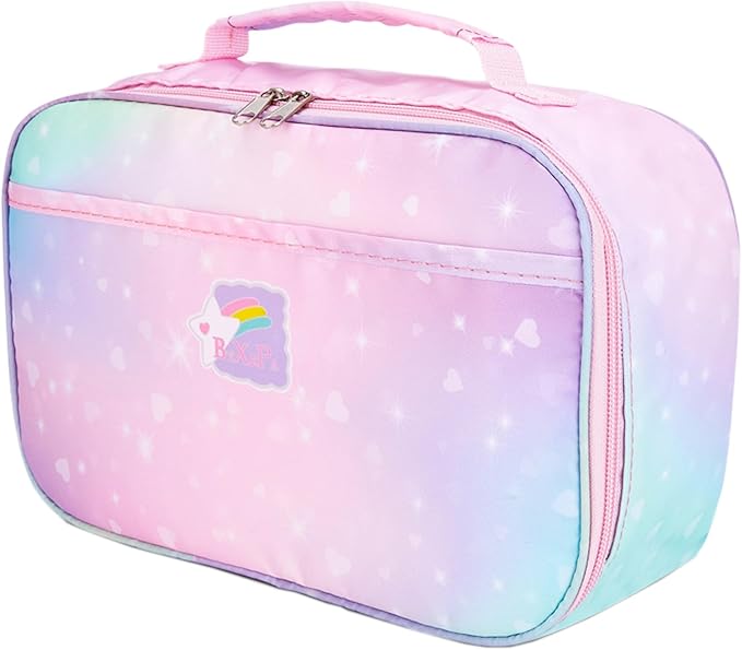 Lunch Box Kids, 11" L x 7" W x 3.5" H, Waterproof Reusable Insulated Lunch Bag for Girls, Cooler Bento Boxes Containers & Snacks for Elementary School Travel (Galaxy Pink)
