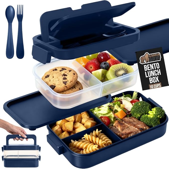 GORILLA GRIP BPA-Free Leakproof 5-Compartment Bento Lunch Box for Adults, Kids, Holds 10 Cups, Microwave Safe Hot and Cold Food Containers, Easy to Carry Lid Includes Built-In Utensils Set, Navy