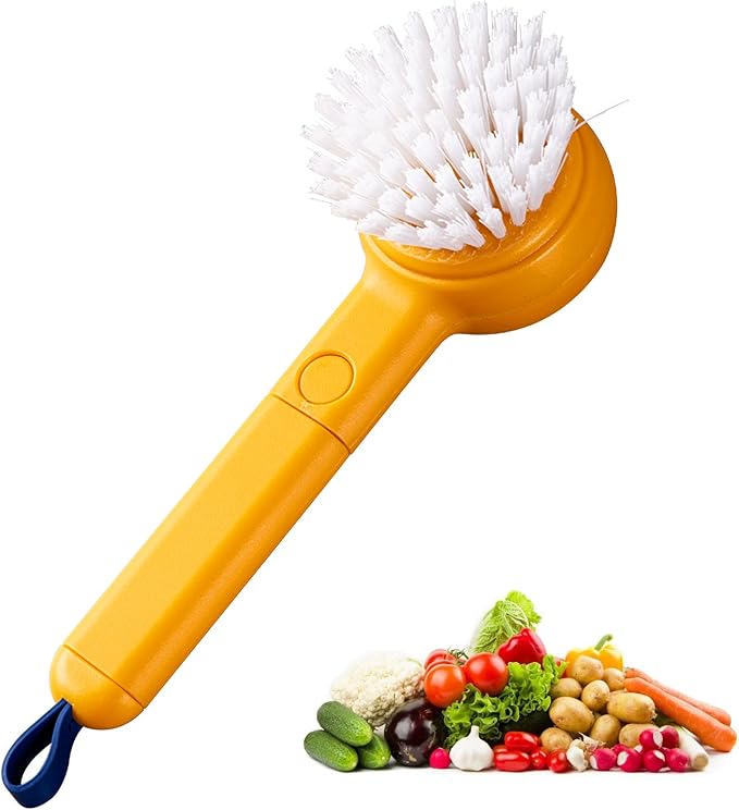 Vegetable Cleaner Brush Yellow Fruit Scrubber Brush Good Grip Long Handle Food Cleaning Brush Multifunctional Kitchen Gadgets with Peeler Veggie Wash Brush 2-in-1