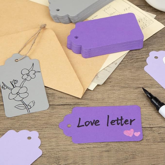 SallyFashion 170PCS Gift Tags with String Attached, 1.8x3.4 inch Multicolored Hanging Tags Purple Gray White Wedding Birthday Holiday Party Favors