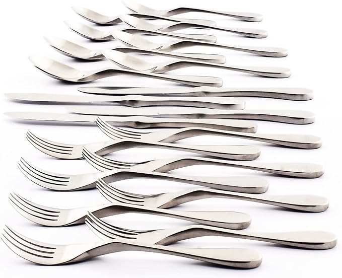 Knork Silverware Set - 20 Piece Matte Silver Cutlery set - Ergonomic Design Utensil sets, 18/10 Stainless Steel Forks Spoons and Knives set