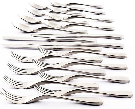 Knork Silverware Set - 20 Piece Matte Silver Cutlery set - Ergonomic Design Utensil sets, 18/10 Stainless Steel Forks Spoons and Knives set