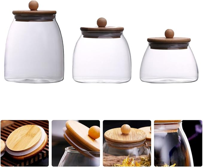 3 Pcs Transparent Food Storage Jars with Wooden Lids Airtight Sealed Canisters for Tea Candy Dried Fruits Kitchen Pantry Organization