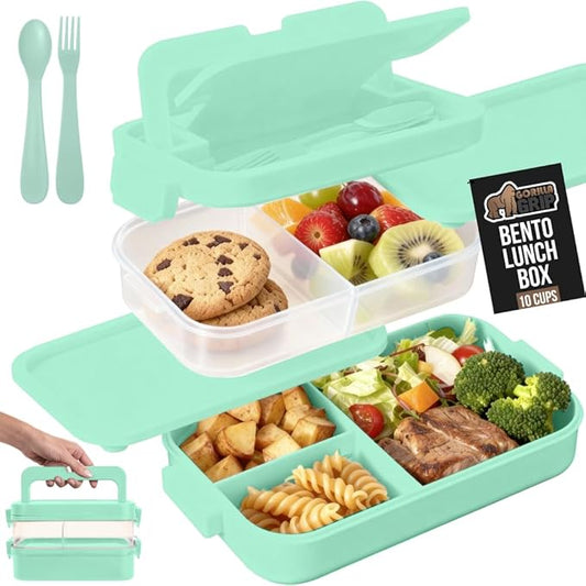 GORILLA GRIP BPA-Free Leakproof 5-Compartment Bento Lunch Box for Adults, Kids, Holds 10 Cups, Microwave Safe Hot and Cold Food Containers, Easy to Carry Lid Includes Built-In Utensils Set, Mint