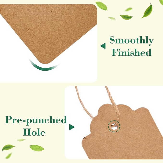 SallyFashion 100pcs Gift Tags with String Attached, 1.7 x 2.8 inch Kraft Paper Hang Tags for Clothes DIY Crafts Wedding Holiday (Brown)