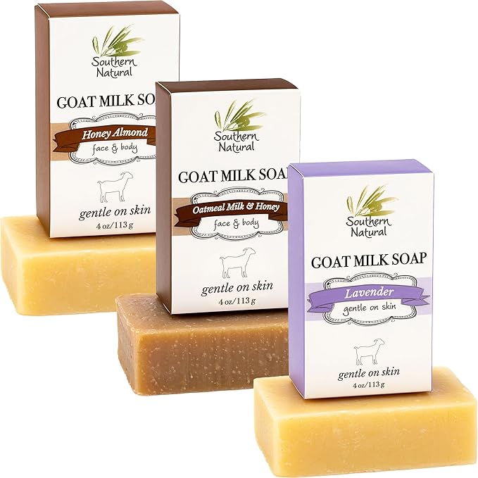 Southern Natural Goat Milk Soap Bar – Oatmeal Milk & Honey, Lavender, Honey Almond – Handmade for Dry and Sensitive Skin – Face & Body Wash for Men, Women, Kids, Baby – 3 pack (4-4.5 oz)