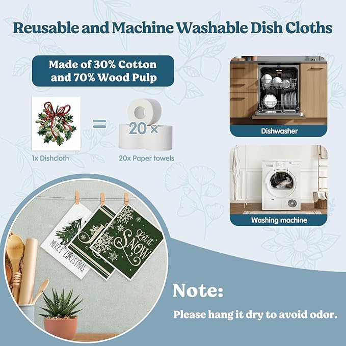 Swedish Dishcloths for Kitchen, Christmas Xmas Tree Green Dish Rags Winter Kitchen Dish Towels for Washing Dishes, 4 Pack Reusable Paper Towels, Sponge Cloths for Home Cleaning Baking Cooking