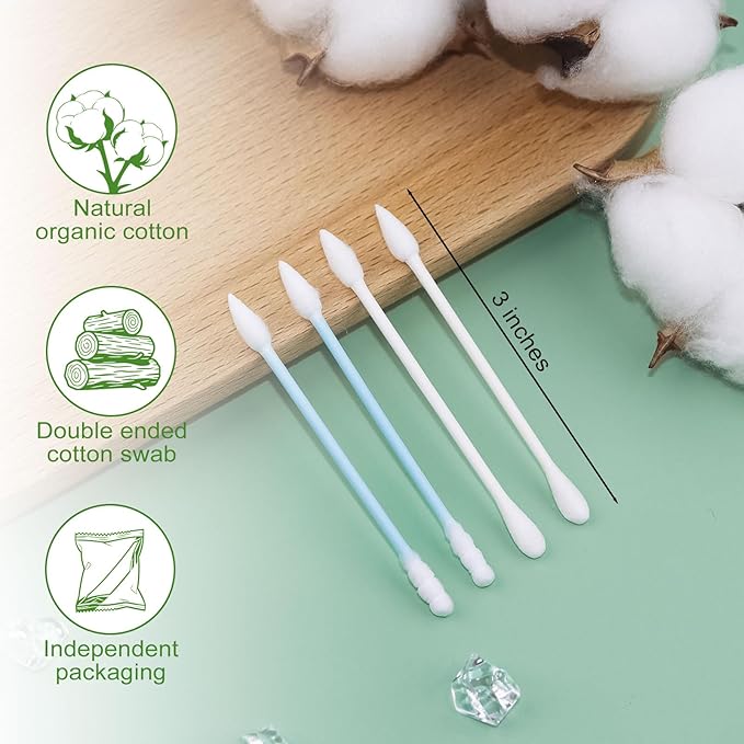 Cotton Swabs Individually Wrapped Travel Cotton Swabs, Cotton Stick Spiral Pointed Cotton Swab, Round Tip Cotton Swab, Double Tipped Cotton Swabs for Ear Makeup Cleaning Care (200 Count)
