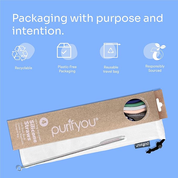 purifyou 14in Platinum Silicone Straws, Extra Long & Slender for Stanley Cups, Tumblers & More, Soft Reusable Straws with Breathable Transport Case, Cleaning Brush, Convenient, Durable (Set of 4)