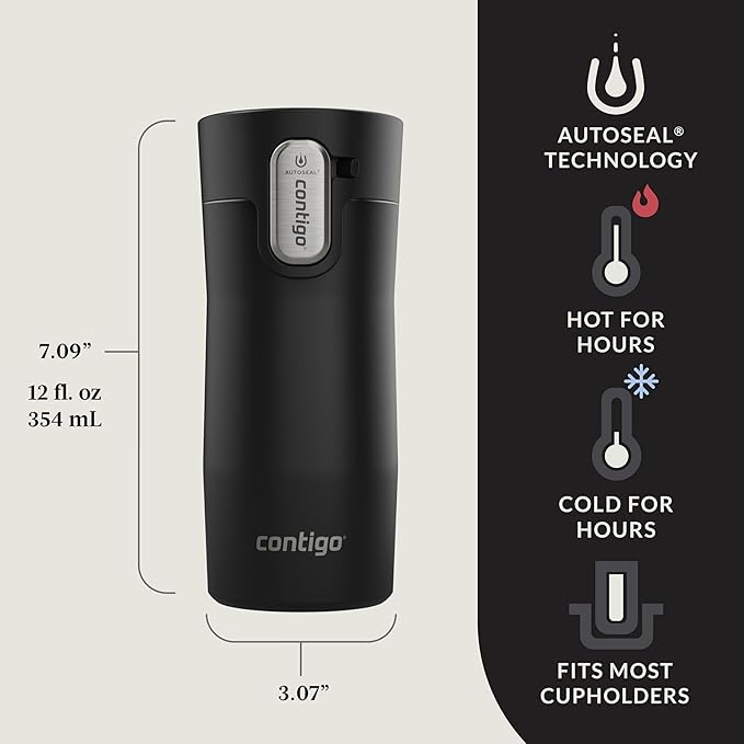 Contigo AUTOSEAL West Loop Vacuum-Insulated Stainless Steel Travel Mug with Easy-Clean Lid, 12oz, Matte Black