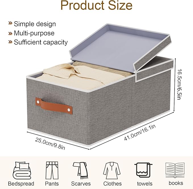 3-Pack Storage Boxes, Foldable Blanket Basket with Detachable Lid, Linen Closet 0rganizers with Double Handles, Collapsible Cubes for Organizing, Grey, 16.1 x 9.8 x 6.5 inch