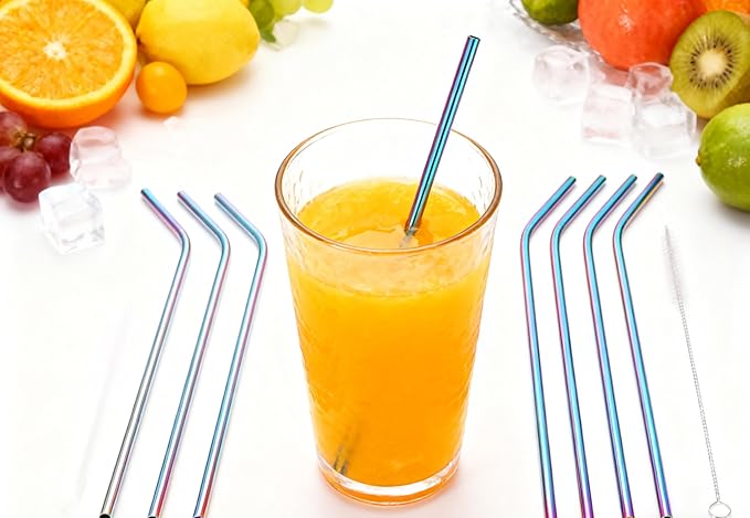 10 Pcs Stainless Steel Straws, Reusable Drinking Straws, 5 Straight + 5 Bent Metal Straws Set With 2 Pcs Cleaning Brushes (Colorful, 10.5 Inch)