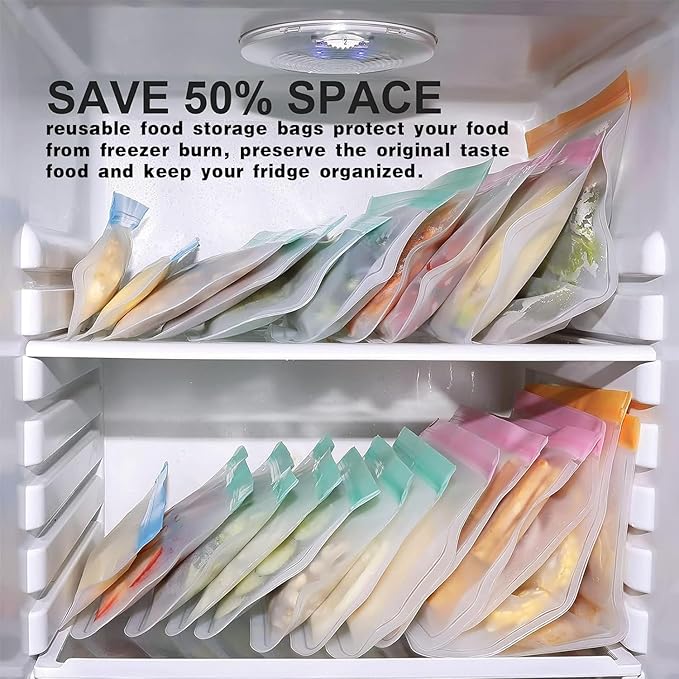 10 Pack Dishwasher reusable bags Silicone,BPA Free, Leakproof Freezer Bags, reusable silicone bags for Lunch Marinate Food Travel - 3 Gallon 4 Sandwich 3 Snack Bags
