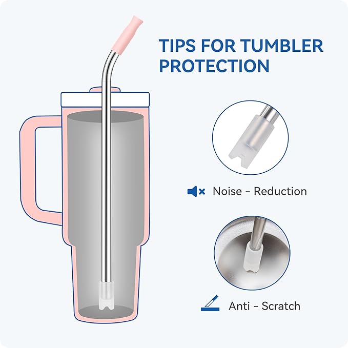 Reusable Stainless Steel Straws with Silicone Tip for Stanley 30oz, Metal Drinking Straws for 30oz Tumbler,3 Bent Tubes & 6 Tips& 1 Cleanr Brush (White)