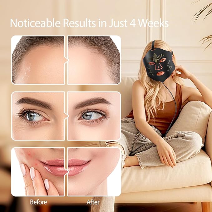 Red Light Mask for Face – LED Face Mask with 4 Modes, 3 Brightness & USB Charging, Adjustable Headband for Daily Home Skincare & Travel (Black)
