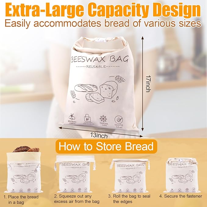 2 Pack Reusable Beeswax Bread Bags for Sourdough & Homemade Bread, Cotton Material Natural Beeswax Bread Bag, 17 x 13 Inches Food Storage Cloth Bag for Freezer & Refrigerator Airtight Freshness Keeper