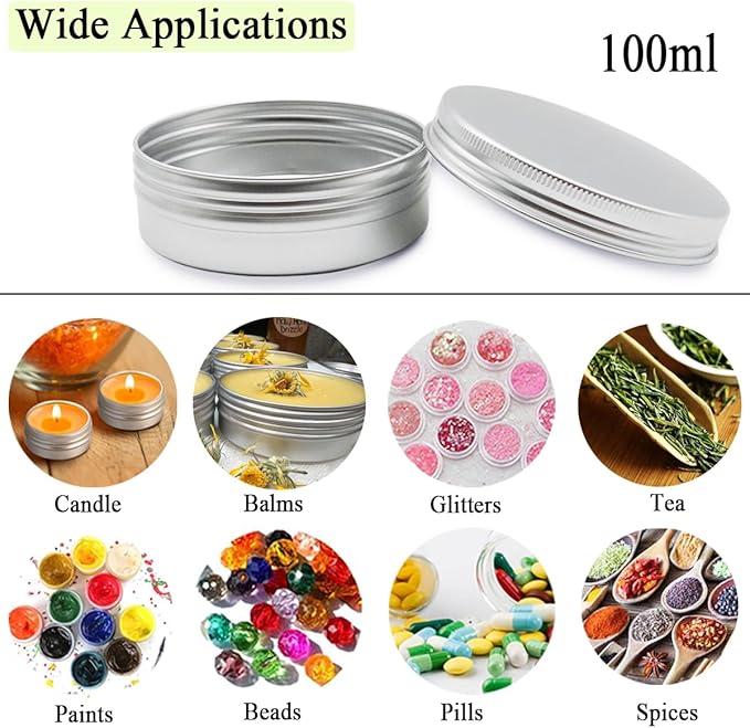 6pack 100ml Aluminum Tin Jars, 100 Gram Empty Travel Cosmetic Sample Containers with Screw Cap Lid, 100g Metal Tins Can Storage Travel Jars for DIY Crafts, Lip Balms, Face Cream, Candle, Tea