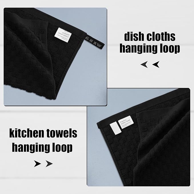 Fintale 100% Cotton Kitchen Towels and Dishcloths Set, 12 x 12 & 15 x 25 Inches, Set of 8 Bulk Super Soft and Absorbent Terry Cloth Dish Towels, Quick Drying Hand Towels with Hanging Loop, Black