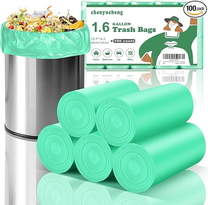1.6 Gallon Mini Trash-Bags For Bathroom Compostable - Green Small Garbage Bags（Fit 1.3-1.5Gal）Biodegradable 100 Count 6 Liter Unscented Tiny Waste Basket Liners Kitchen Office Car Thick Chenyucheng