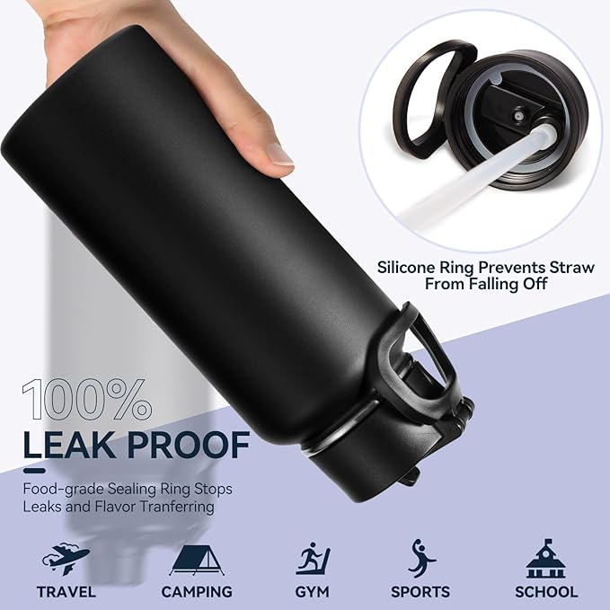 Neihepal 32 oz Insulated Water Bottles Bulk with 2 Lids (Straw & Spout Lid), Stainless Steel Double Wall Water Bottle, Keeps Cold 24H & Hot 12H (Black,8 Pack)