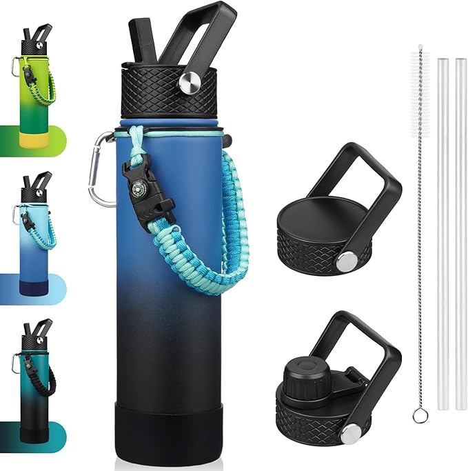 BJPKPK 27oz Insulated Water Bottles with 3 Lids, Paracord Handle & Non-slip Boot,Stainless Steel Water Bottle with Straw, BPA Free Leak Proof Thermal Flasks,Tumblers,Blue Black